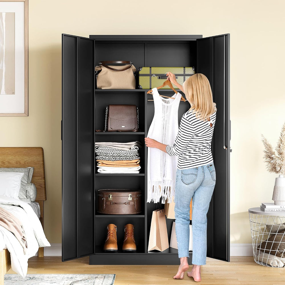 Metal Wardrobe Cabinet with Lock,72" Armoire Closet with Hanging Rod,Loc...