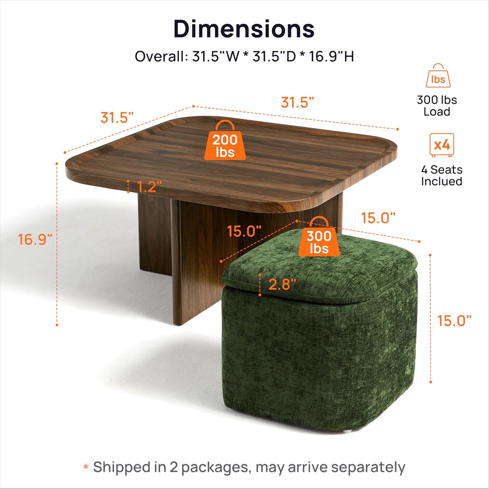 Square Coffee Table with Stools Underneath, 4 Storage Ottomans Chairs&Seats