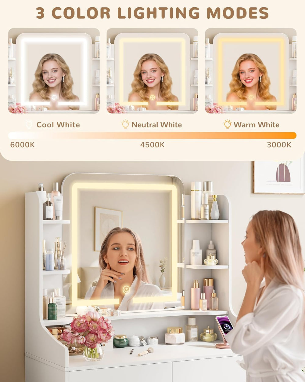 wanan Vanity Desk with Mirror and Lights, Makeup Vanity with 3 Color Adjustab...