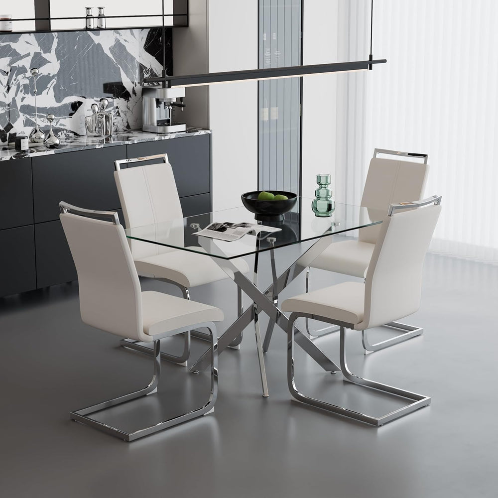 5 Piece Glass Dining Table Set for 4, Modern Tempered Glass Top Kitchen Table...