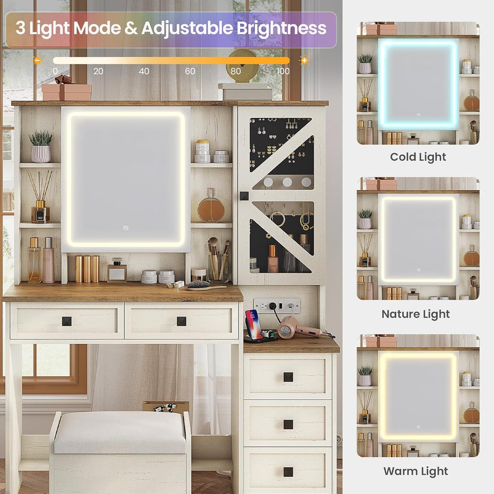 AOGLLATI Farmhouse Vanity Desk with Mirror and Lights, Makeup Vanity Set with...