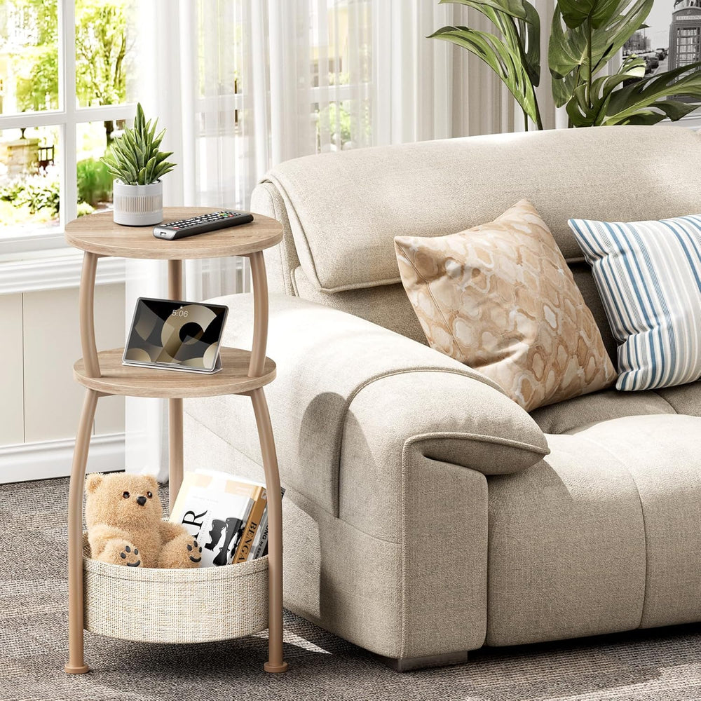 Small Side Table with Storage Basket, Space Saving Round End Table 3-Tier Bed...