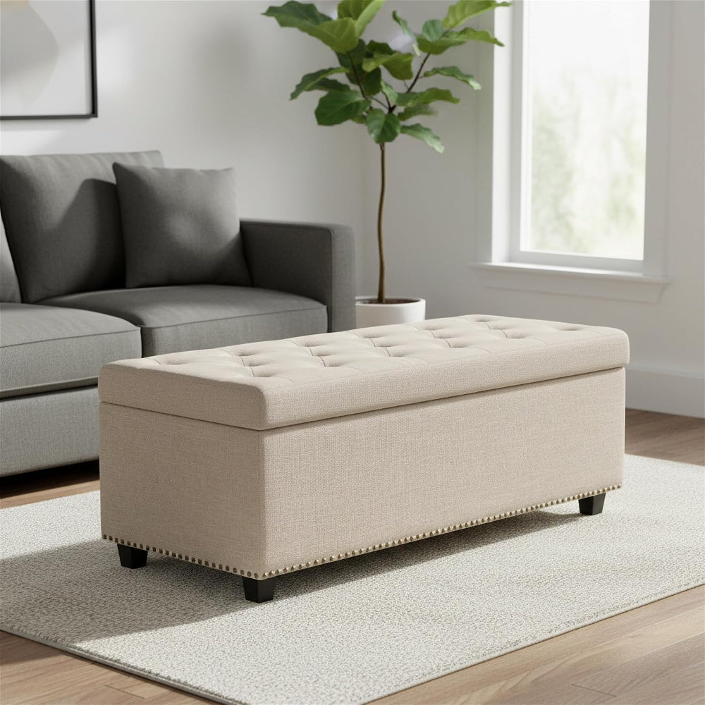 SIMPLIHOME Hamilton Storage Ottoman - 48 inch Wide Upholstered Linen Look Fab...