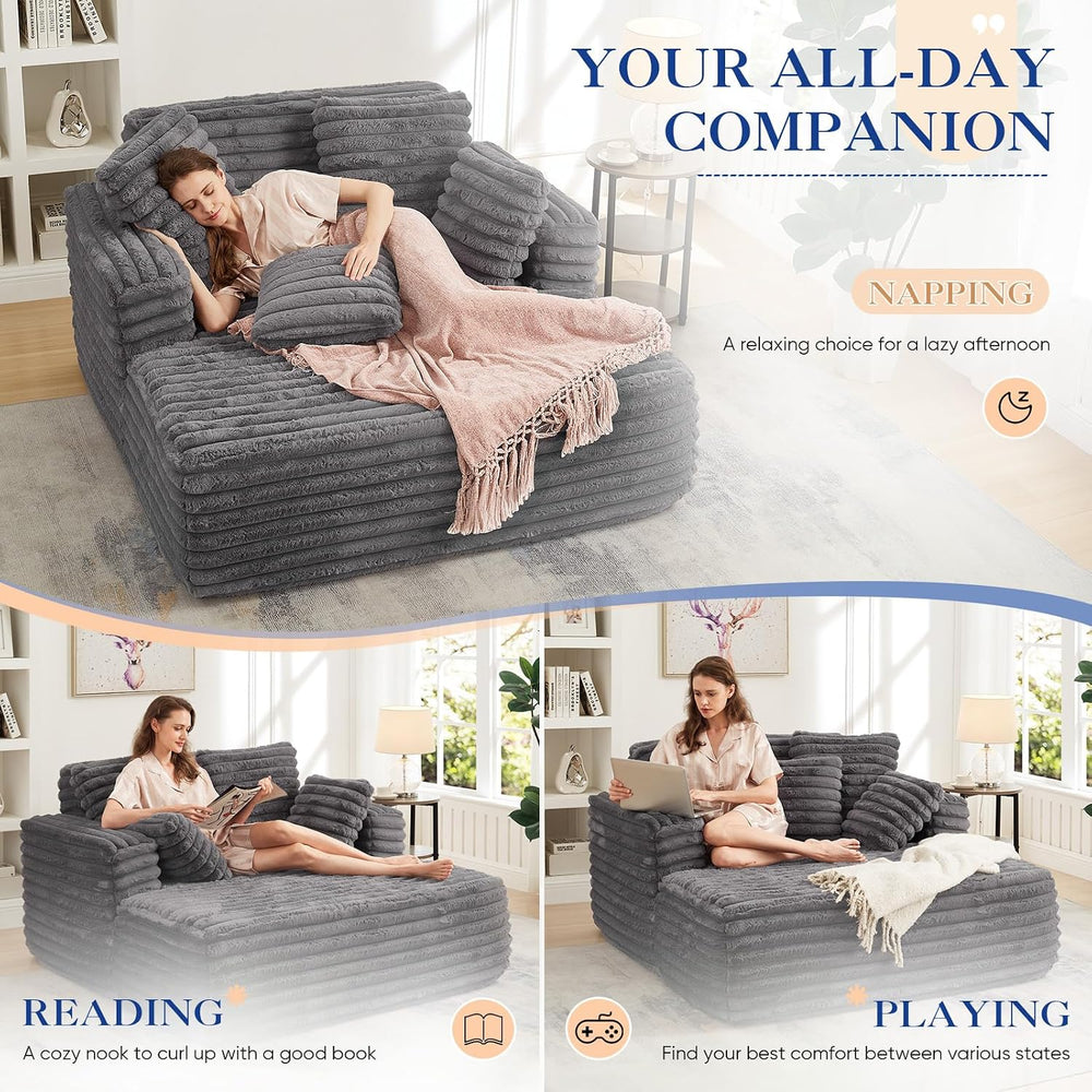 Oversized Chaise Lounge Indoor, Modern Plush Faux Fur Fabric Deep Seat Floor ...