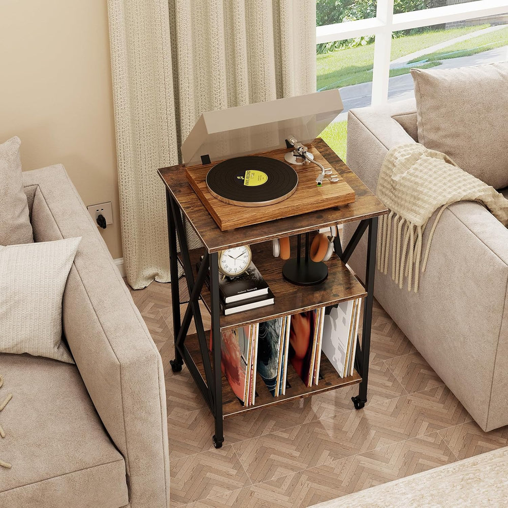 GOFLAME Record Player Stand with Power Outlet, 3-Tier Industrial Rolling Turn...