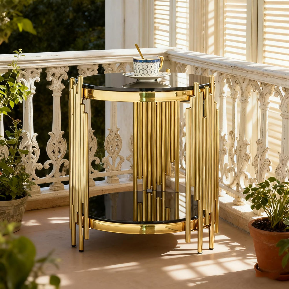 17.72" Round Glass End Table Black, Modern Gold Living Room Table with S...