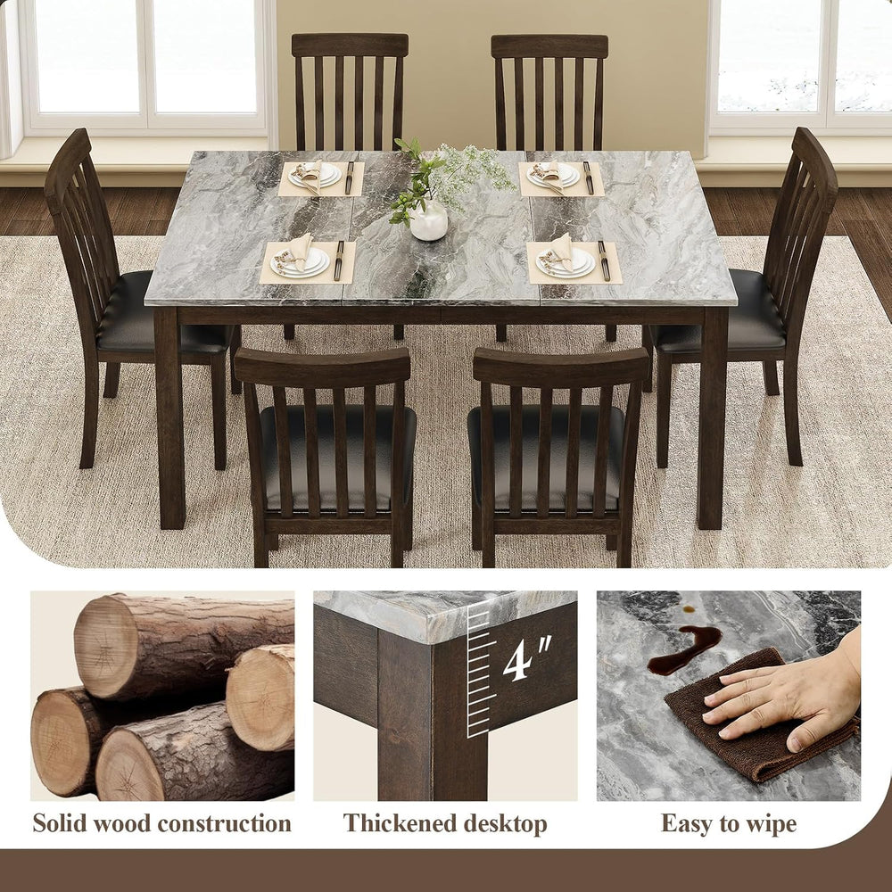 LUXOAK 7-Piece Wood Dining Table Set with Faux Marble Tabletop, Dark Brown | ...