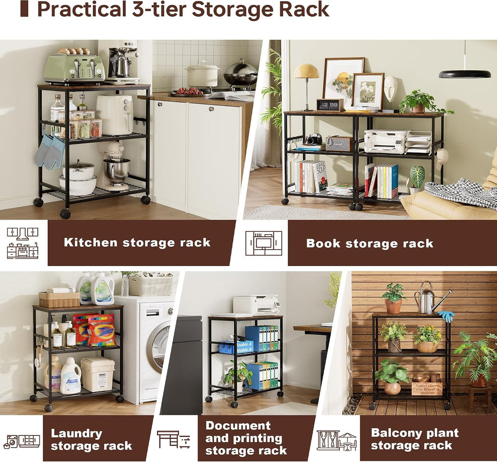 itchen Rolling Cart, 3-Tier Microwave Stand with Lockable Wheels, One-Piece S...