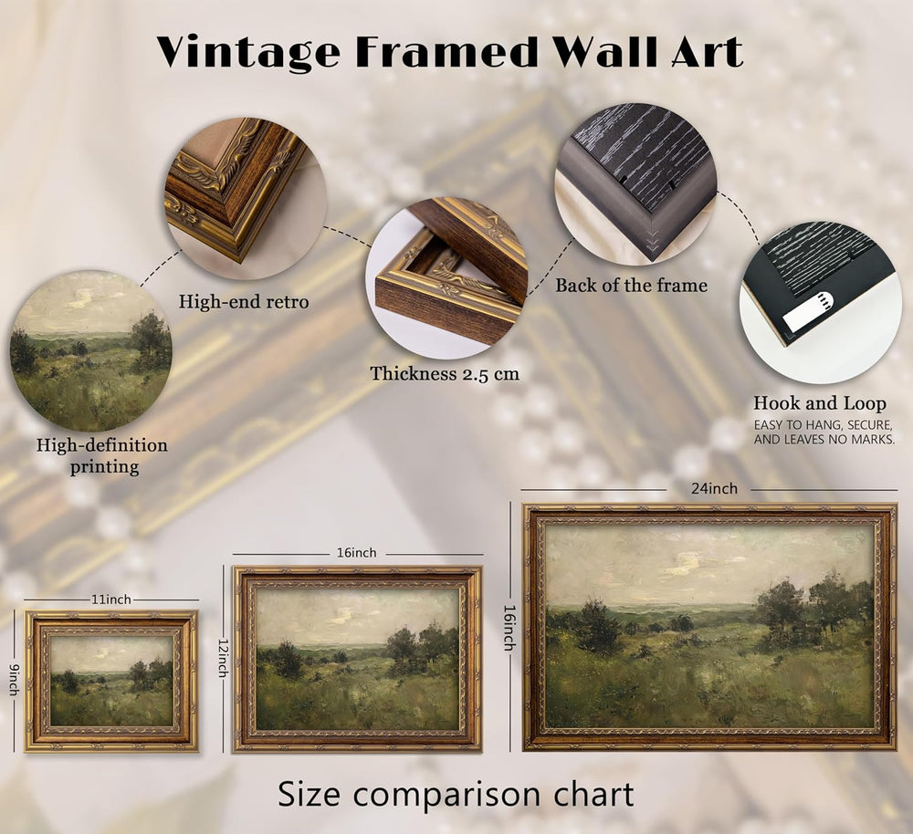 Vintage Gold Framed Landscape Wall art Retro Countryside Farmhouse Painting P...