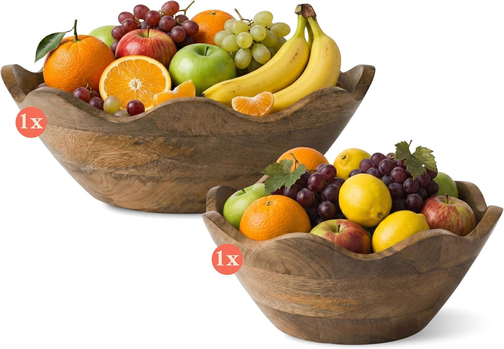 Premium Acacia Salad Bowl Set - Natural Finish, 10in and 12in, 2-Set