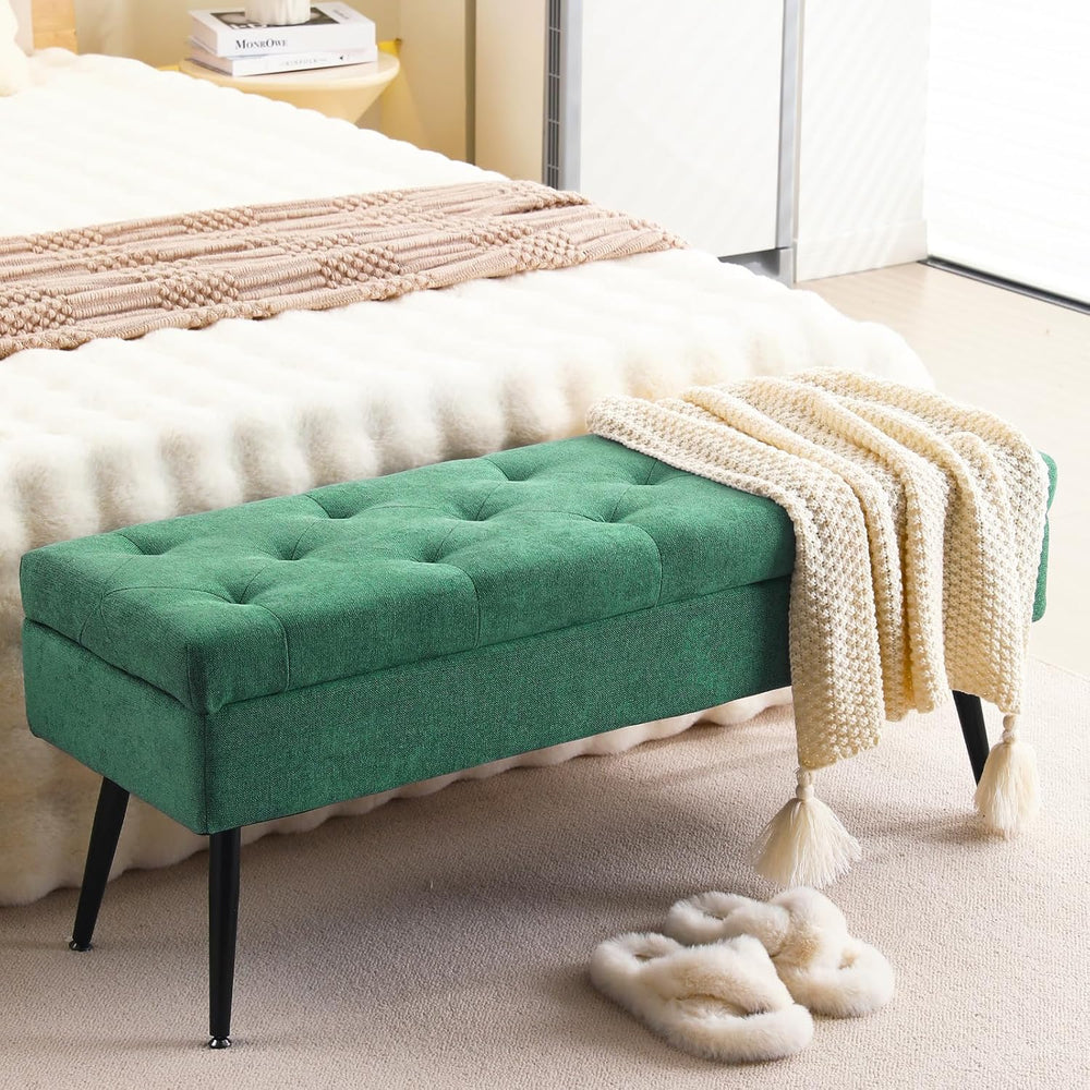 Storage Ottoman Long Upholstered Entryway Bench, 43.5" Fabric Green | La...