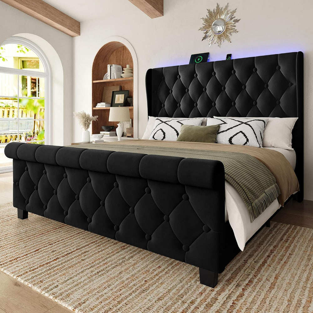 Queen Size Bed Frame with Headboard, Velvet Upholstered Bed Frame