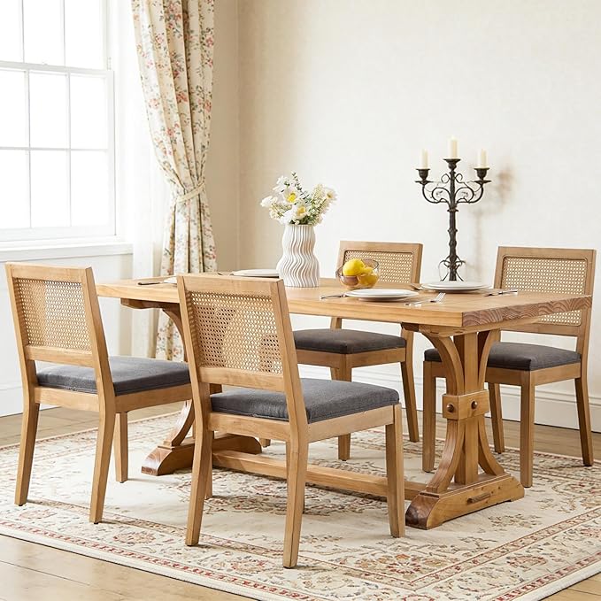 Rattan Dining Chairs Set of 4, French Country Cane Back Upholstered Kitchen C...