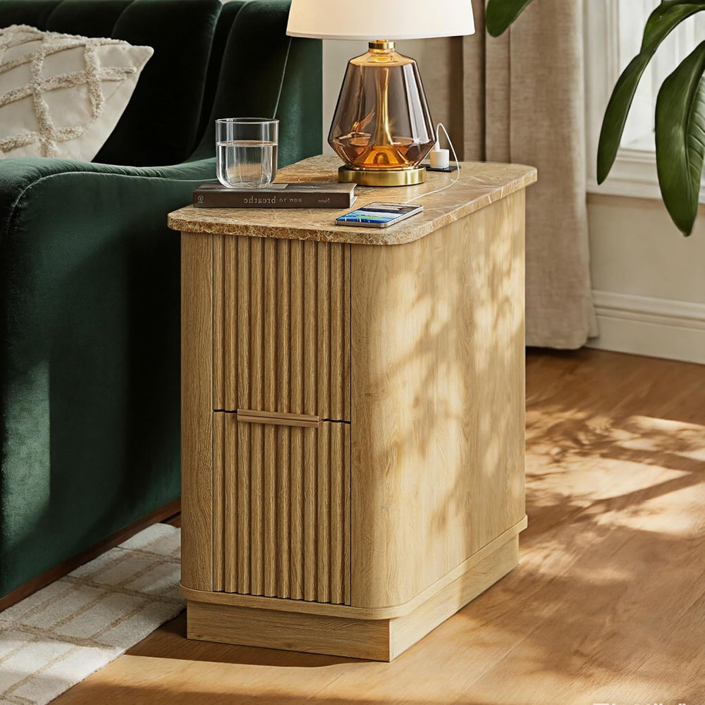 win2win Narrow End Table with Charging Station, Fluted Side Table with Faux M...
