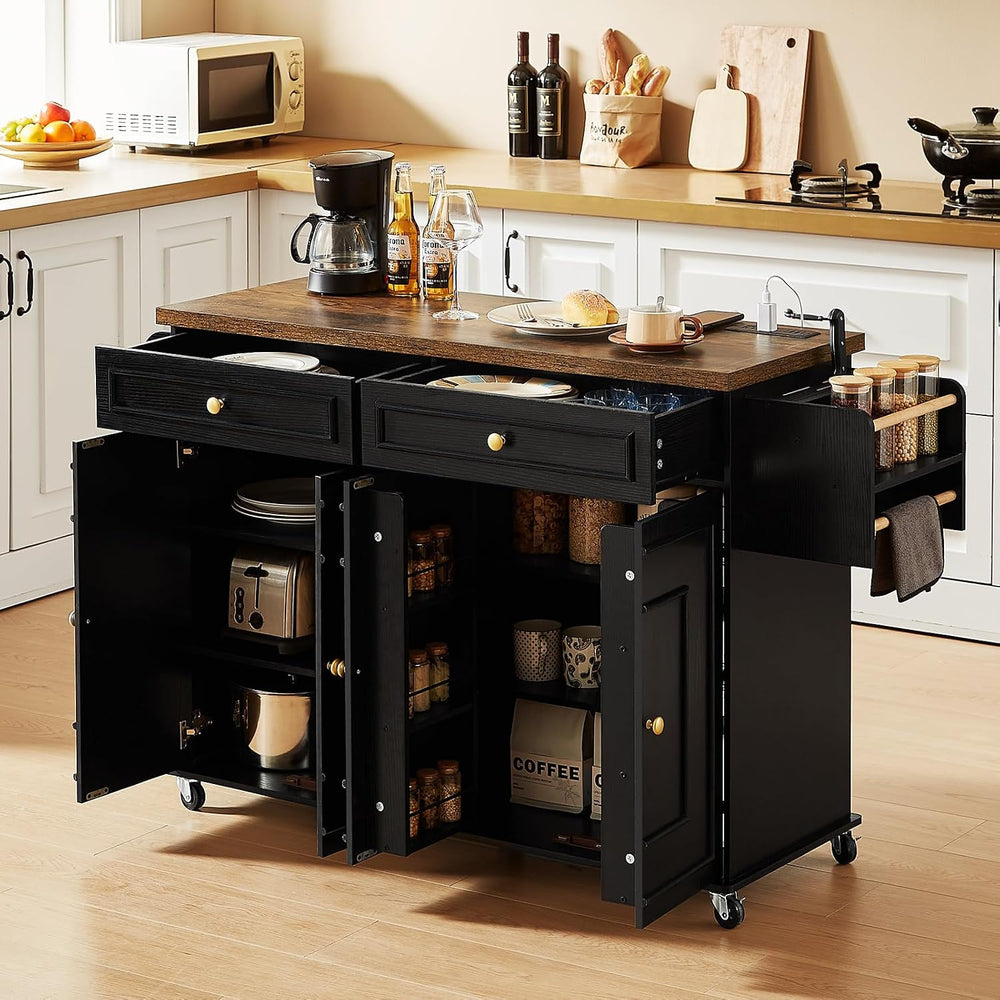 ONBRILL 58" Kitchen Island with Power Outlet, Rolling Kitchen Cart, Black