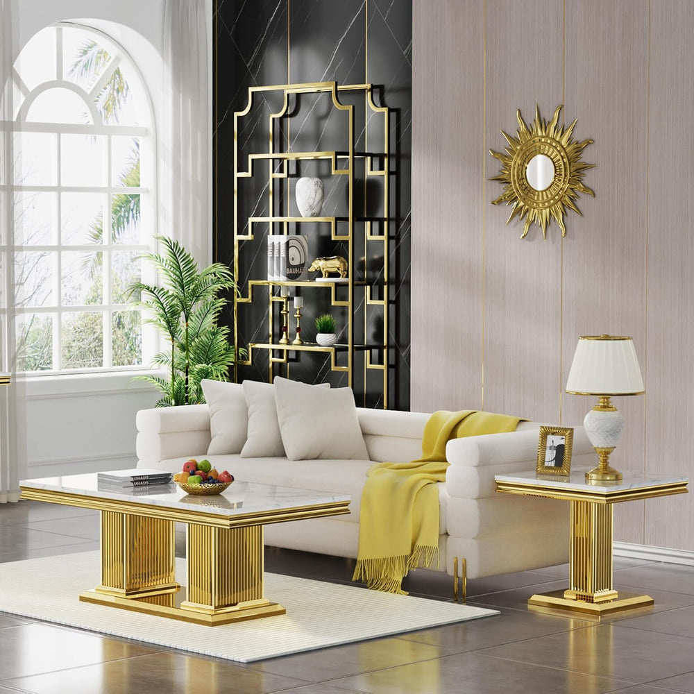 Luxury Marble Coffee Table Set of 2, Modern Coffee Table with Side End Table,...