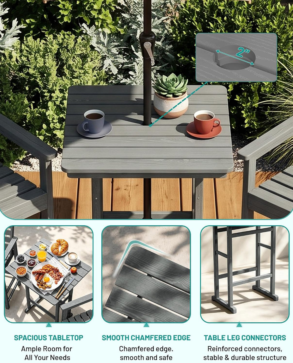 PLUUV Tall Bar Height Adirondack Chairs Set of 2 with Table, Grey