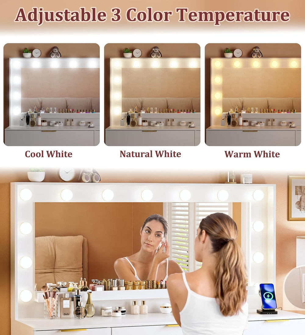 ALEXNUTRE Vanity Desk with Mirror and Lights, 45.3in Makeup Vanity with 7 Dra...