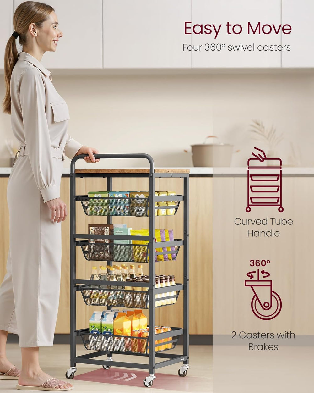 VASAGLE Storage Rolling Cart with Pull-Out Baskets, 5-Tier Utility Cart Orgni...