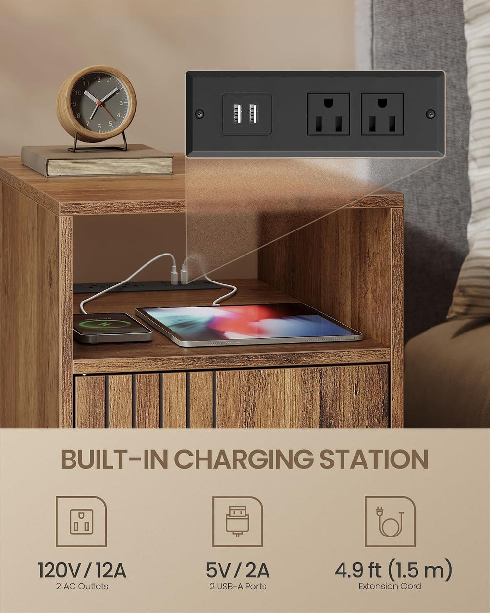 VASAGLE End Table with Charging Station, Narrow Side Table, Nightstand