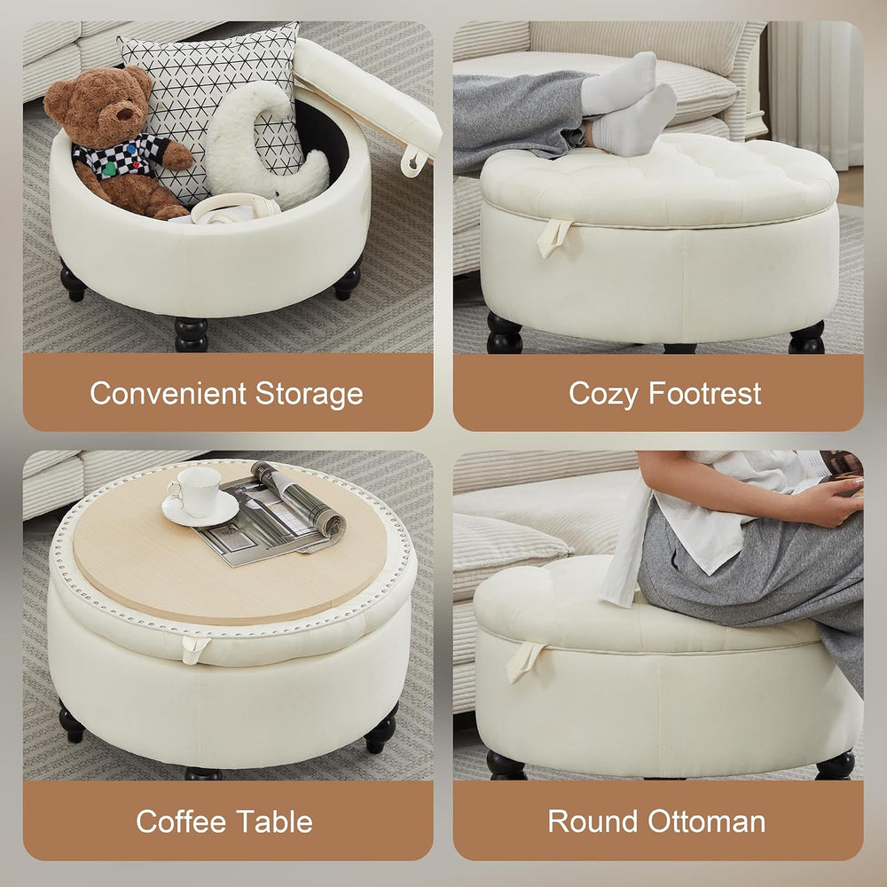 24 Inch Fabric Round Ottoman with Storage, Modern Upholstered Button Tufted O...