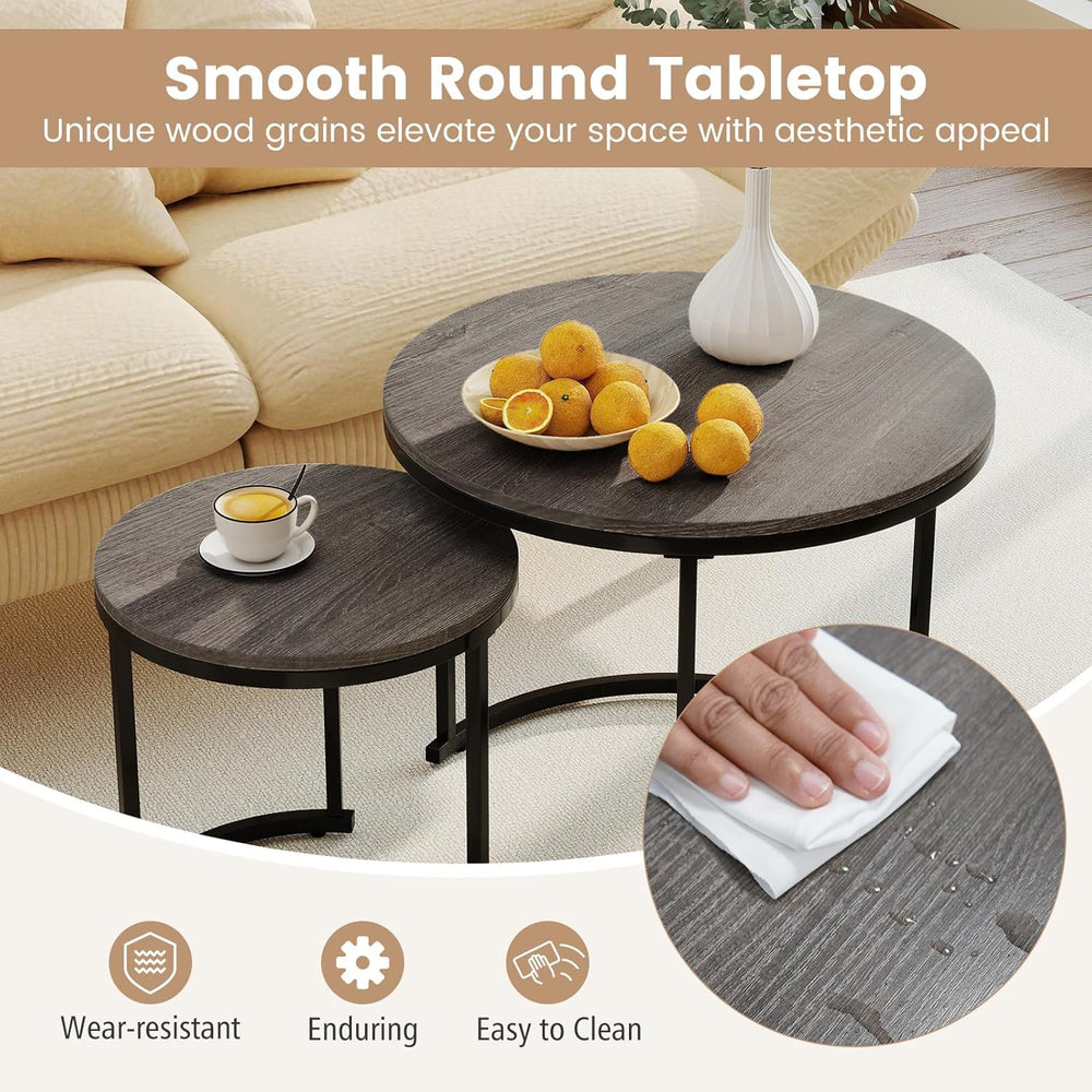 Giantex Nesting Coffee Table Set of 2, Round Stacking Side Tables with Wooden...