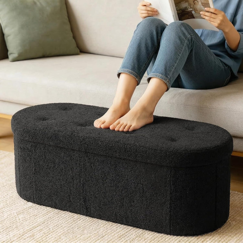 DUMOS Folding Storage Ottoman Bench, Oval Round Ottoman End of Bed Foot Rest ...