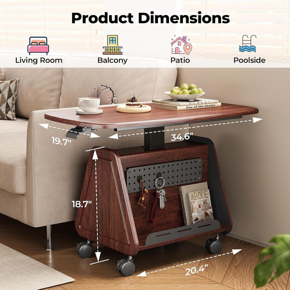 Rolling Side Table with Wheels, Sofa Couch Desk with Storage