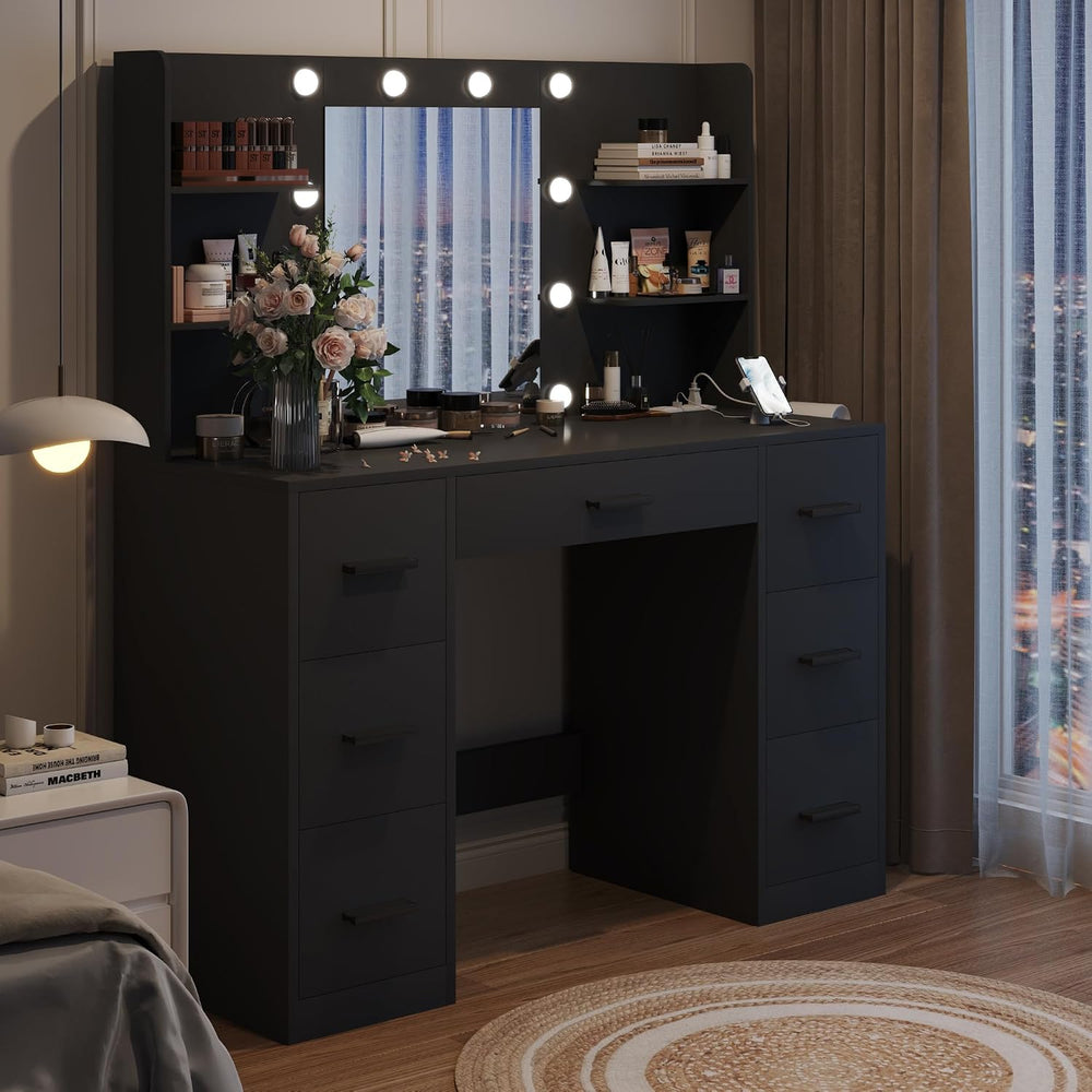 YESHOMY Vanity Desk with Mirror, Outlet, 10 Lights & 7 Drawers,Black | Li...