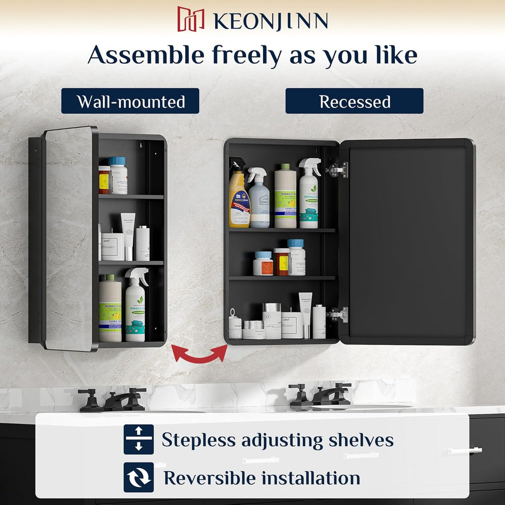 Keonjinn 16" x 24" Black Medicine Cabinet Mirror, Stainless Steel F...