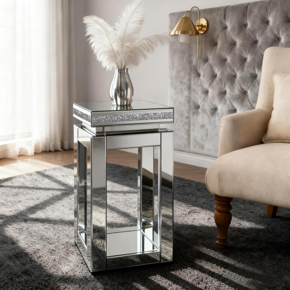 IKIFLY Mirrored Nightstand with Storage, Silver End Table with Square Tableto...