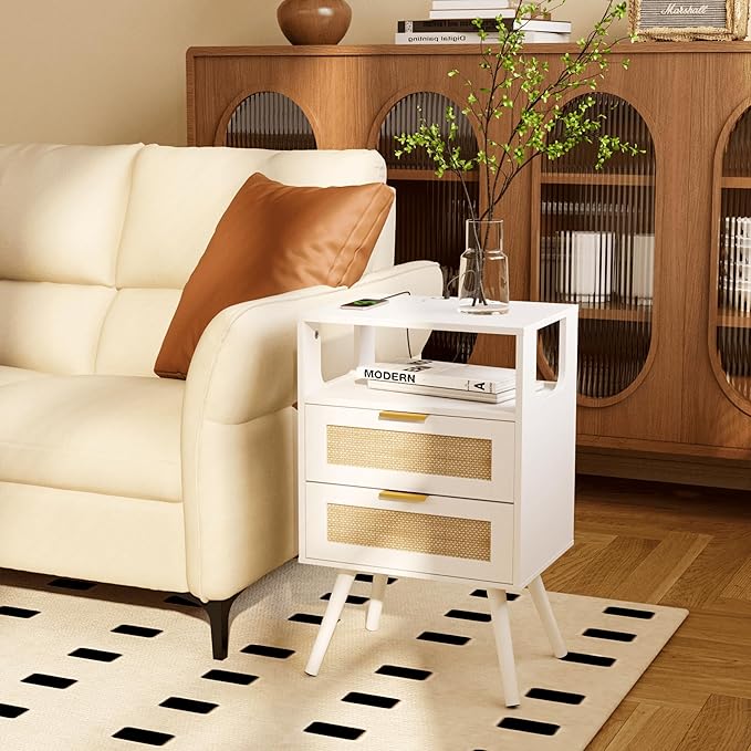 Rattan Nightstand with Charging Station,Farmhouse Bedside Table with 2 Storag...