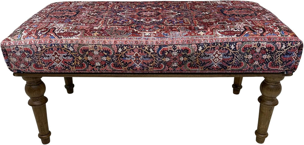 Boho Red Heriz Rug Upholstered Ottoman Bench, Piano Bench, Decorative Farmhou...