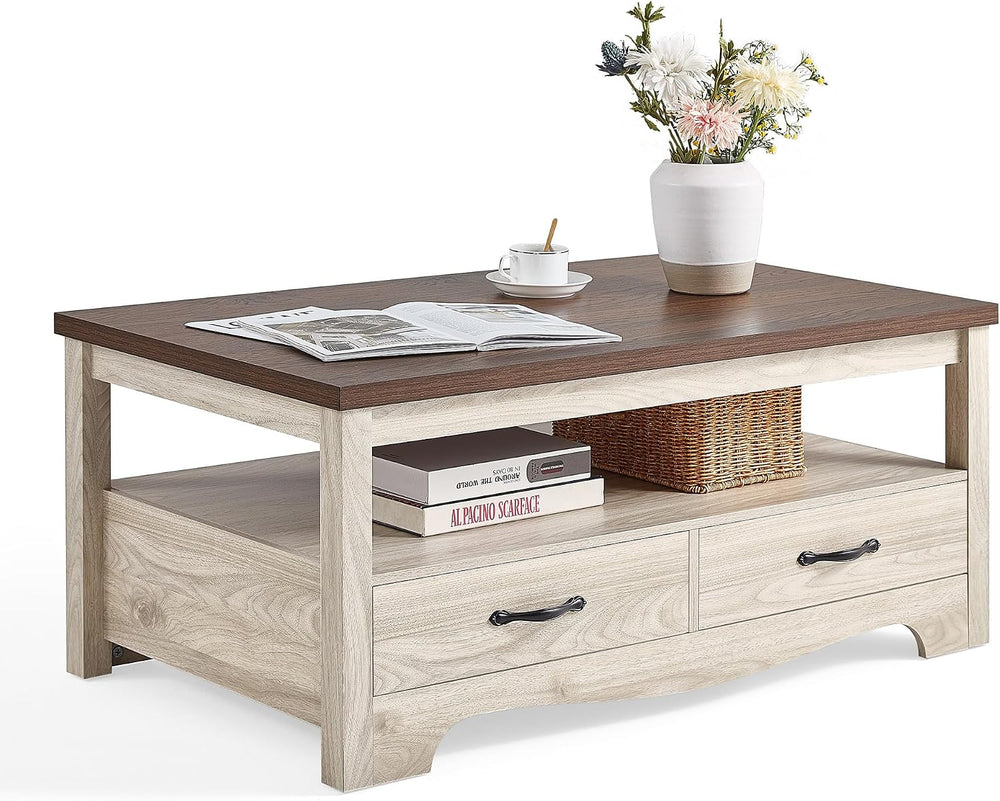LINSY HOME Farmhouse Coffee Table with Storage, Wood Coffee Table for Living ...