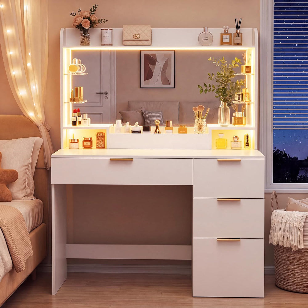 HUAHUU Vanity Desk with Large Mirror, 35.4" Makeup Vanity with LED Light...