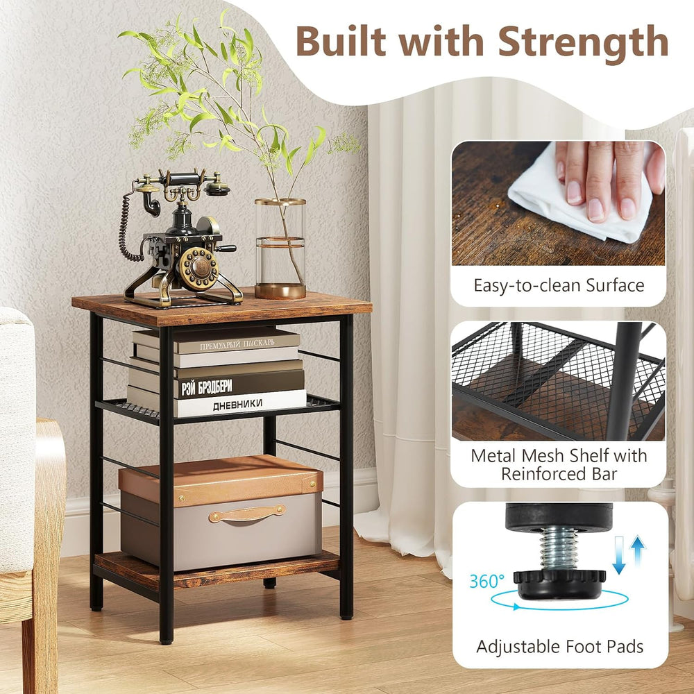 Giantex 3-Tier Side Table with Adjustable Mesh Shelf, Industrial Nightstand, ...