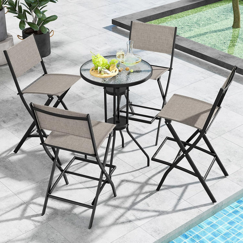 COSTWAY Outdoor Patio Folding Bar Chair Set of 2 with Metal Frame, Footrest