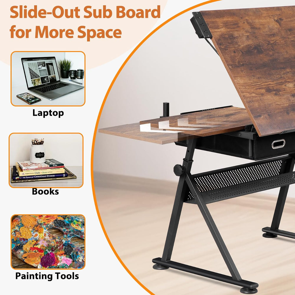 SUPER DEAL Drafting Table Set with Charging Station, Height Adjustable Tiltin...