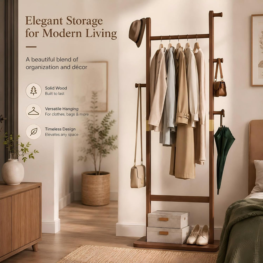 Solid Wood Coat Rack Freestanding, Clothing Rack with 5 Hooks & Bottom Sh...