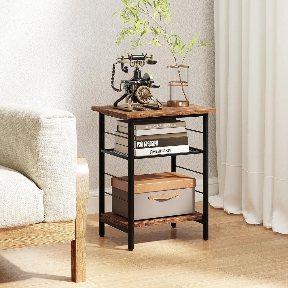 Giantex 3-Tier Side Table with Adjustable Mesh Shelf, Industrial Nightstand, ...