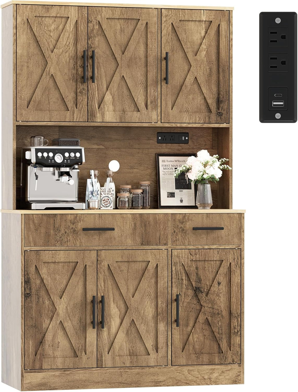 Vongrasig Farmhouse Pantry Cabinet with Charging Station, Tall Kitchen Pantry...