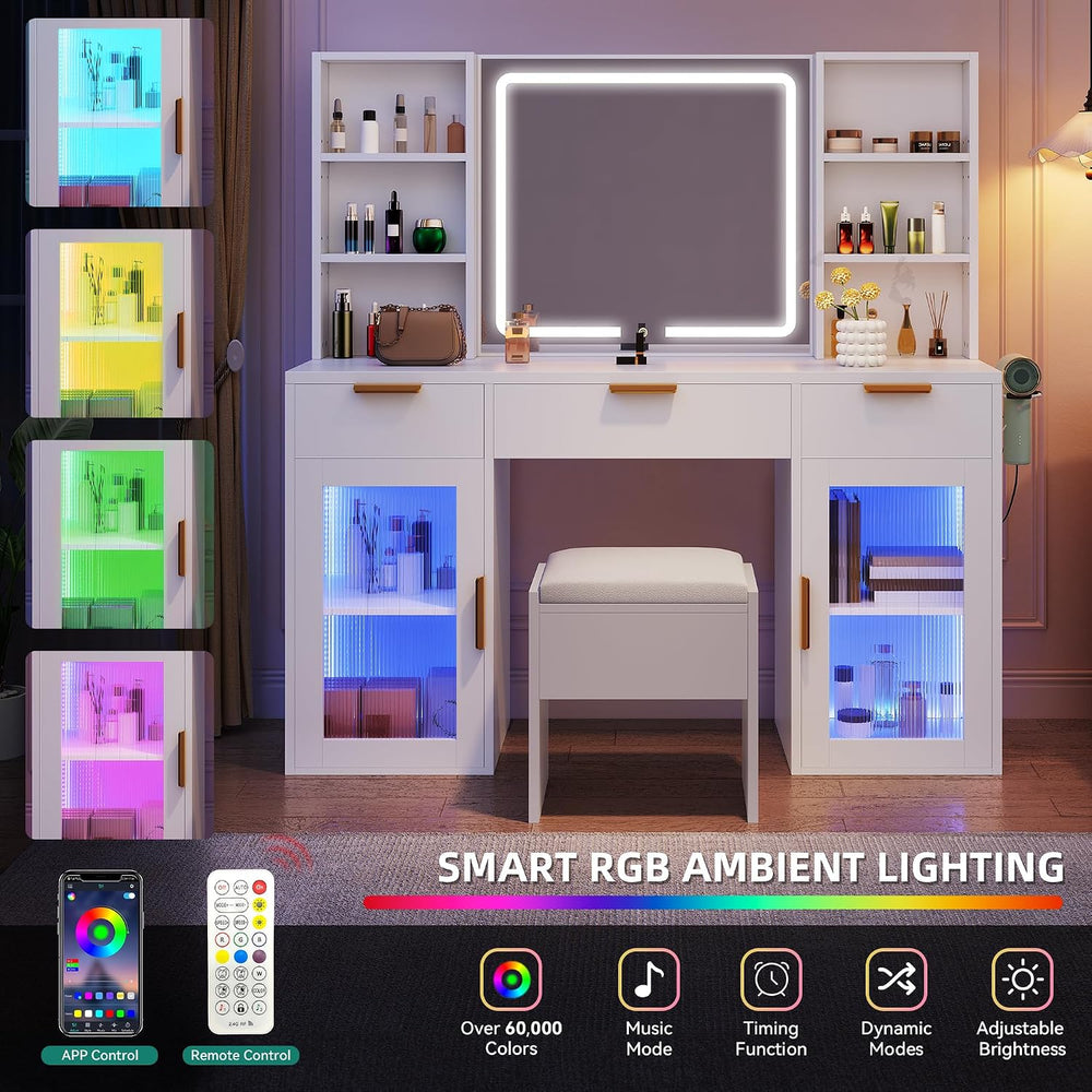 DWVO 56" LED Vanity Desk with Tri‑Fold Mirror & Lights | Makeup Vani...