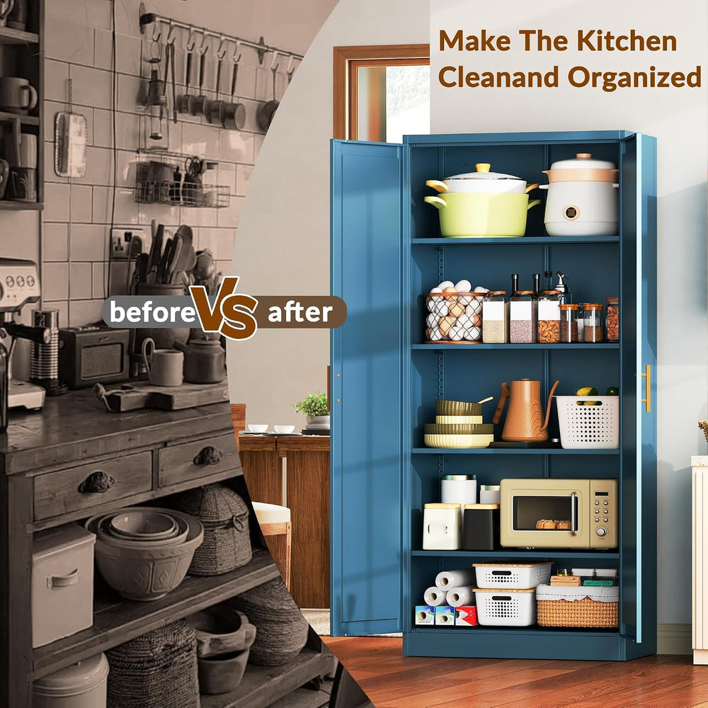 CJF Blue Kitchen Pantry Cabinet,71 Inch Tall Metal Storage Cabinet with 4 Adj...