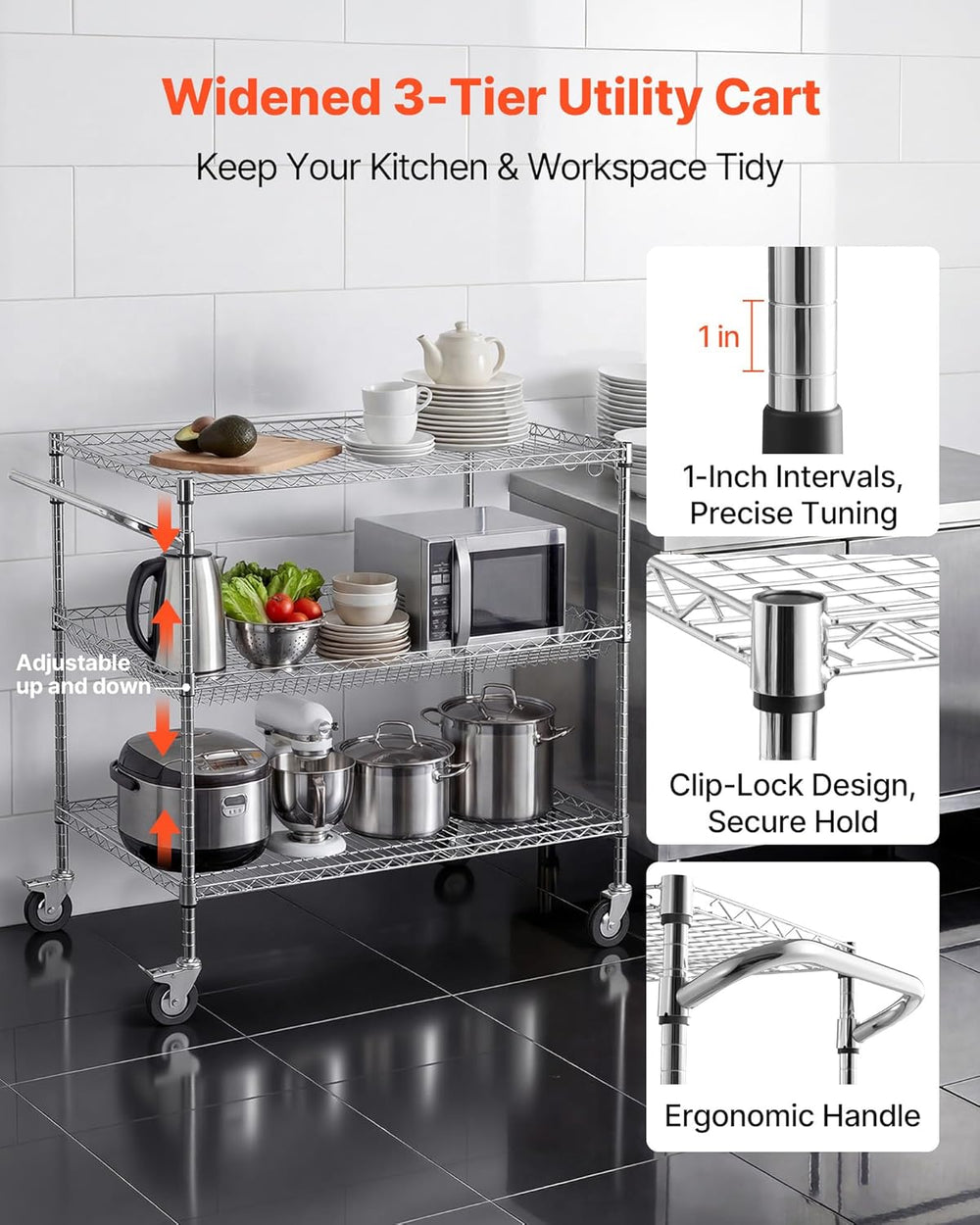 VEVOR Kitchen Utility Cart, 3 Tier Heavy Duty Adjustable Wire Storage Rack, C...
