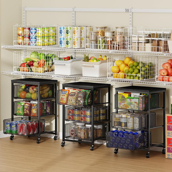 Pantry Organizer and Storage Cart, 3-Tier Kitchen Storage Cart with Drawer, Fruit Vegetable Storage Cart with Wheels, Wooden Top Metal Wire Kitchen Organizer Rack Stand for Food Snack Onion Potato