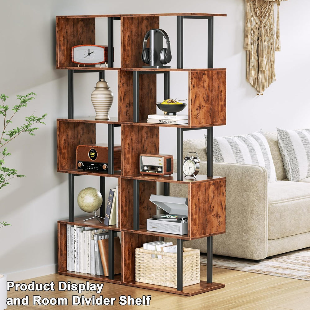 Furologee 6 Tier Bookshelf, S Shaped Geometric Bookcase, Rustic Brown