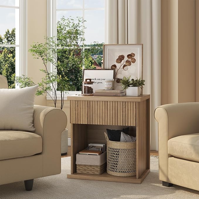 Fluted Nightstand Set of 2, 22.8" Wide Nightstands with Drawer Storage L...