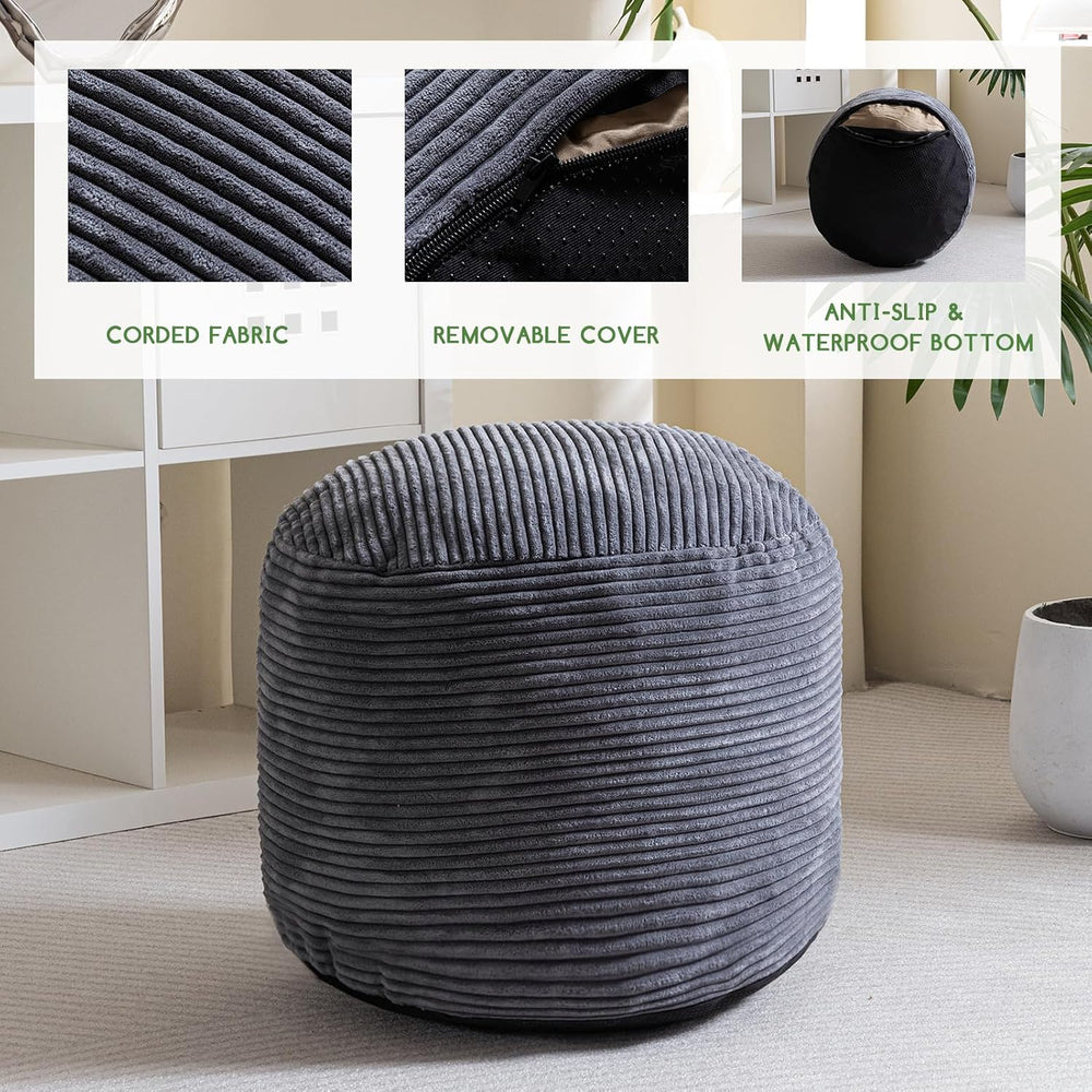HIGOGOGO Round Stuffed Pouf Ottoman, Corduroy Poufs with Foam Chunk Filling, ...