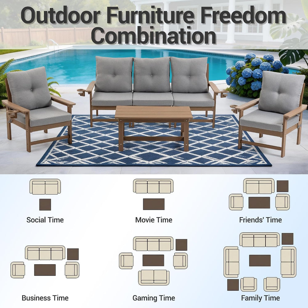 7-Piece HDPE Patio Conversation Set w/ 4 Cup Holders, All-Weather Outdoor Sec...