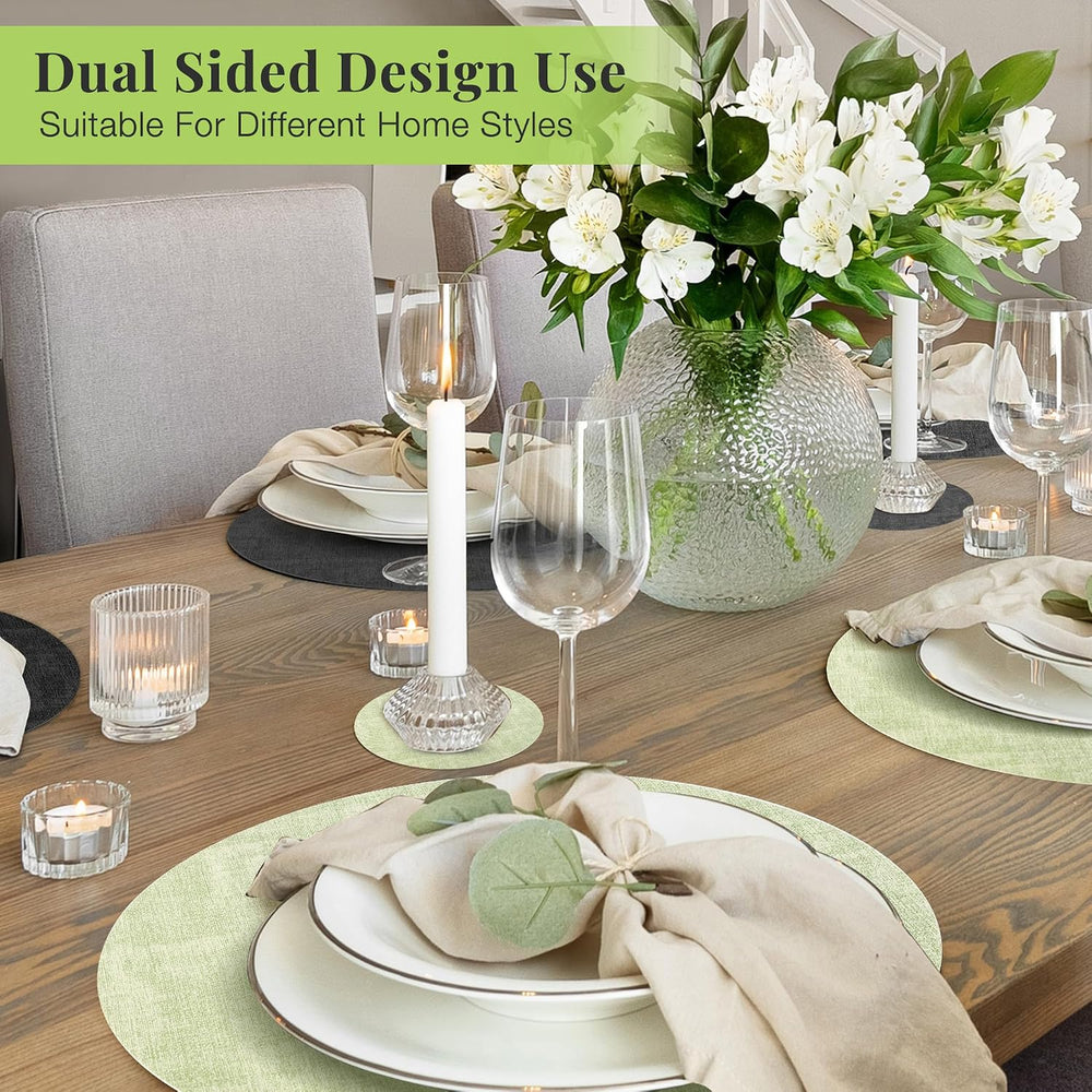 Fyvva Placemats Set of 12, 13" Round Reversible Faux Leather with Coasters